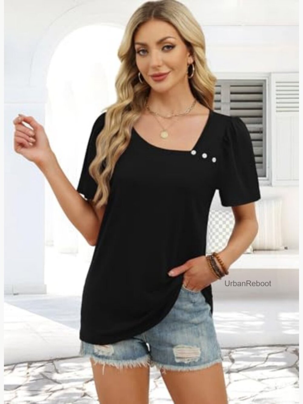 Womens Square Neck Puff Sleeve Button Top Short Sleeve Blouse Summer Fashion - Picture 3 of 7